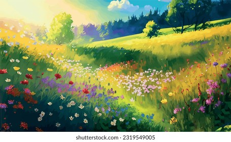 An idyllic summer background featuring lush green meadows decorated with vibrant matrix .
clover, scenic, valley, wallpaper, wildflowers, petal, sun, floral, countryside, dawn, morning, grassland .