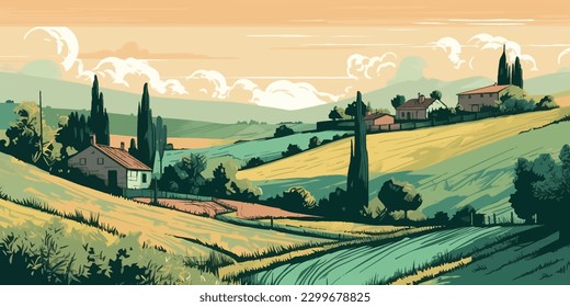 Idyllic Summer Italian Countryside  Handcrafted Vector Art