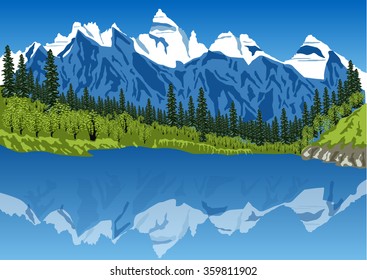 idyllic summer landscape in the Alps with clear mountain lake