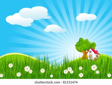 Idyllic summer landscape with little house