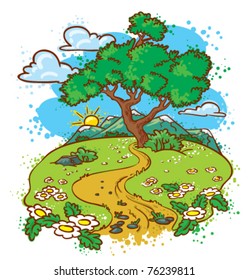 Idyllic summer landscape with tree (color version)