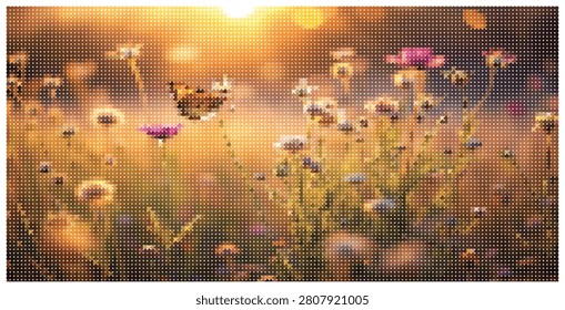 Idyllic summer meadow scene with a monarch butterfly fluttering among colorful wildflowers, capturing golden hour light and natural beauty.
