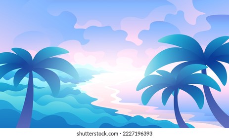 Idílica playa tropical con palmeras y playa de mar en una ilustración horizontal.