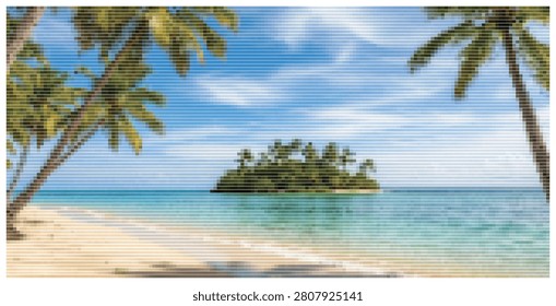 Idyllic tropical island beach scene, palm trees framing ocean view, clear blue water, white sand.