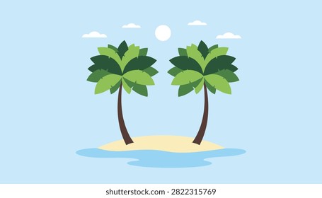Idyllic tropical island scene featuring two palm trees on a small sandy beach under a bright sun and sky.