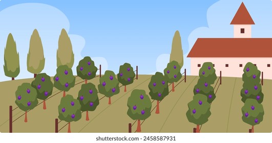 Idyllic vineyard estate. Vector illustration showcasing neat rows of grapevines, cypress trees, and a classic villa under a soft blue sky.