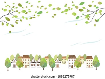 Idyllic Watercolor Townscape With Young Leaves Isolated On A White Background. Vector Illustration With Text Space.