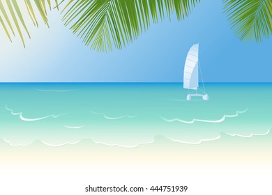 Idyllic white sandy beach lapped by the waves of crystal clear blue sea, catamaran and palm tree leaves vector illustration
