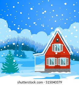 Idyllic winter landscape. The house in the meadow covered with snow. In the distance, a forest of trees silhouettes. Around the house we ate. Drop soft snow. New Year or Christmas card.