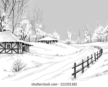 Idyllic winter landscape vector hand drawing