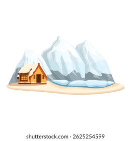Idyllic winter scene featuring a cozy wooden house nestled amidst snow capped mountains and a frozen lake, perfect for winter and holiday themes