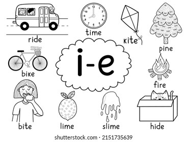 I-e digraph spelling rule black and white educational poster for kids with words. Learning i-e phonics for school and preschool. Phonetic worksheet. Vector illustration