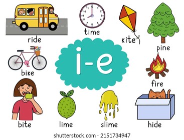 I-e digraph spelling rule educational poster for kids with words. Learning i-e phonics  for school and preschool. Phonetic worksheet. Vector illustration