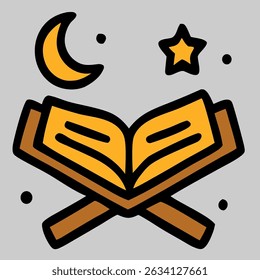 Ied Al Adha icon vector of Quran with crescent moon and stars representing Islamic holy scripture.