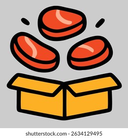 Ied Al Adha icon vector of meat box with coins symbolizing charity and qurban distribution on Eid.
