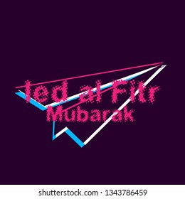 ied al fitr mubarak has mean muslim event, banner or background with violet glitch or retro style.