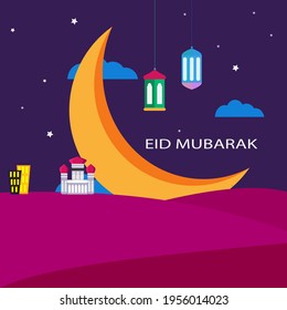 Ied Mubarak celebration banner with crescent moon hidden behind mosque,meaning happy holiday and happy colour