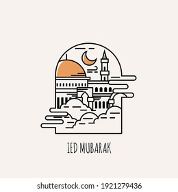 Ied Mubarak, islamic day of ied. Illustration vector graphics of mosque on the sky. perfect for posters, wallpapers, greeting cards, etc.