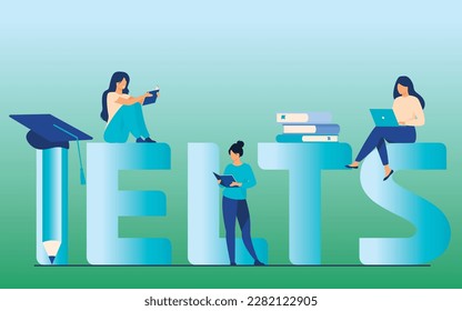 IELTS banner with character, IELTS's text best illustration for IELTS exam online reading and online exam. IELTS's training and some teachers and learners are learning for IELTS exam, Test of English.