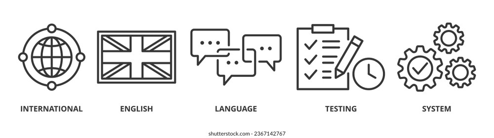 IELTS banner web icon, concepto de ilustración vectorial para el Sistema Internacional de Pruebas en Inglés con un ícono de globo, bandera de Inglaterra, comunicación, evaluación y engranajes