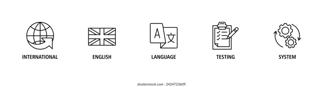 IELTS banner web icon vector illustration concept for International English Language Testing System with an icon of globe, England flag, communication, evaluation, and gears