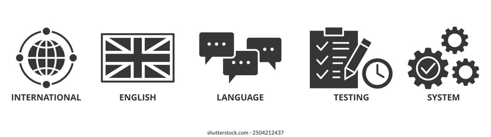 IELTS banner web icon vector illustration concept for International English Language Testing System with an icon of globe, England flag, communication, evaluation, process, and gears
