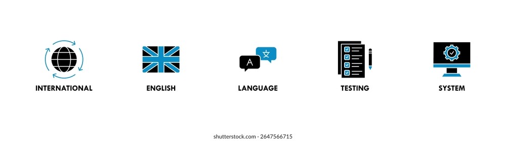IELTS banner web icon vector illustration concept for International English Language Testing System with an icon of globe, England flag, communication, evaluation, and gears