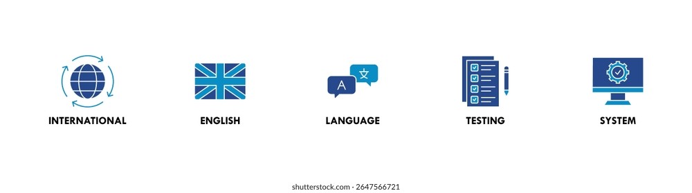 IELTS banner ícone web vetor ilustração conceito para International English Language Testing System com um ícone de globo, bandeira da Inglaterra, comunicação, avaliação e engrenagens