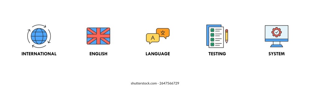 IELTS banner web icon vector illustration concept for International English Language Testing System with an icon of globe, England flag, communication, evaluation, and gears