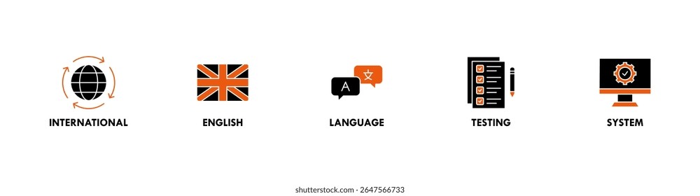 IELTS banner web icon vector illustration concept for International English Language Testing System with an icon of globe, England flag, communication, evaluation, and gears