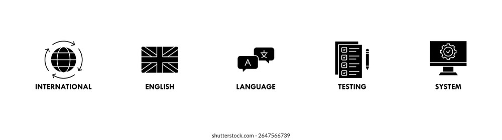 IELTS banner web icon vector illustration concept for International English Language Testing System with an icon of globe, England flag, communication, evaluation, and gears