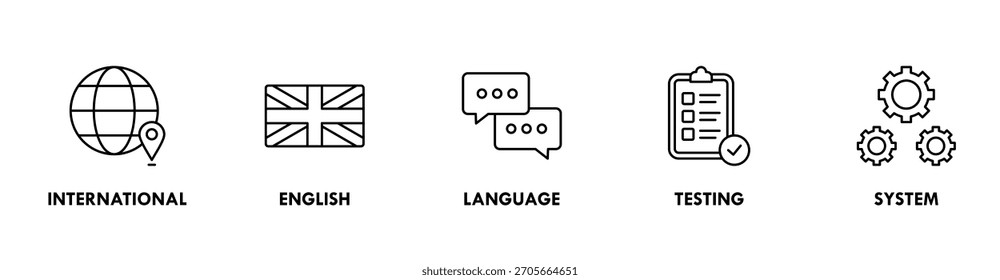 Concepto de Ilustración vectorial de ícono de Web de Anuncio IELTS para el Sistema Internacional de Pruebas de Idioma Inglés con un ícono de globo, bandera de Inglaterra, comunicación, evaluación y engranajes