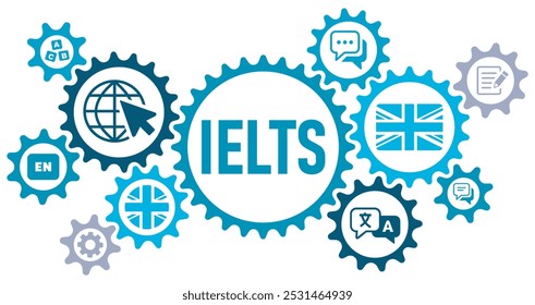 IELTS concepto Anuncio Web Sitio web iconos Ilustración vectorial con iconos de internacional, inglés, idioma, pruebas, sistema, bandera, comunicación, evaluación, sobre fondo blanco iconos sólidos,