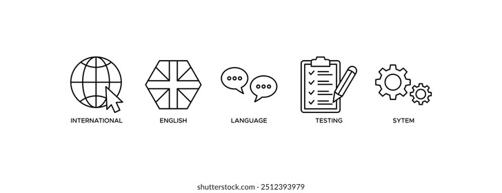 Icono IELTS. Sistema internacional de pruebas del idioma inglés con un icono de globo, bandera de Inglaterra, comunicación, evaluación, proceso y engranajes