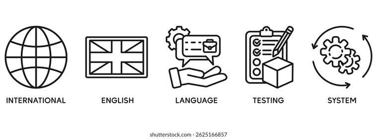 IELTS icon set vector illustration concept relate to International English Language Testing System with an icon of globe, England flag, communication, evaluation, and gears