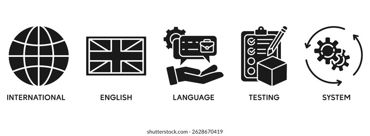IELTS icon set vector illustration concept relate to International English Language Testing System with an icon of globe, England flag, communication, evaluation, and gears