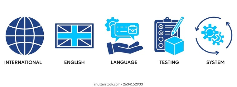 IELTS icon set vector illustration concept relate to International English Language Testing System with an icon of globe, England flag, communication, evaluation, and gears