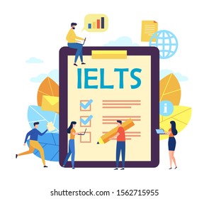 IELTS International English Language Testing System. Vector illustration concept with small people characters