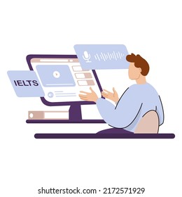 IELTS International English Language Testing System. Vector illustration concept with man who preparing for examen online classes speaking club improves languages. Isolated on white background