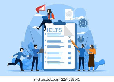 IELTS International English Language Testing System. with the character of a small person with an English proficiency test. Flat vector illustration concept.
