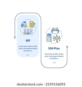 IEP and 504 plan rectangle infographic vector. Inclusive educative programs for public schools. Data visualization with 2 steps. Editable rectangular options chart