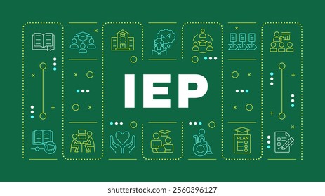 IEP green word concept. Individualized education program in school. Inclusive learning. Horizontal vector image. Headline text surrounded by editable outline icons