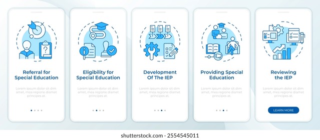 IEP process blue onboarding mobile app screen. Education plan walkthrough 5 steps editable graphic instructions with linear concepts. UI, UX, GUI template