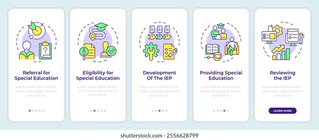 IEP process onboarding mobile app screen. Education innovations walkthrough 5 steps editable graphic instructions with linear concepts. UI, UX, GUI template