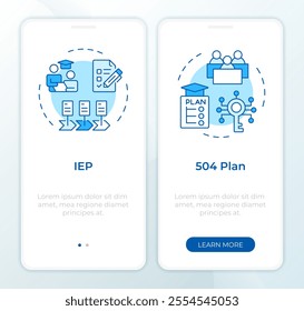 IEP vs 504 plan blue onboarding mobile app screen. Education walkthrough 2 steps editable graphic instructions with linear concepts. UI, UX, GUI template