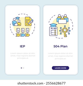 IEP vs 504 plan onboarding mobile app screen. Education walkthrough 2 steps editable graphic instructions with linear concepts. UI, UX, GUI template