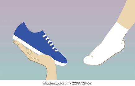 "If the shoes fits": Hand holding blue sneaker next to a foot with a sock on