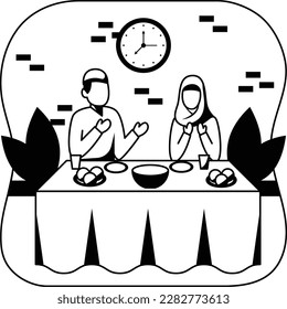 Ifarti time vector Icon design, Ramazan and Eid al-Fitr Symbol, Islamic and fasting Sign, Arabic holidays celebration stock illustration, Muslims Family doing dua before breaking the fast concept