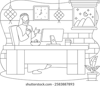 Ifarti time at Workplace vector Icon design, observing ramadan Eid al-Fitr outline, Muslim fasting month sketch, Arabic holidays illustration, Emirati Muslim doing dua before breaking the fast concept