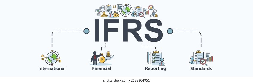 Ifrs banner icon vector web para las normas internacionales de presentación de informes financieros de nivel mundial, red, dinero, documentos, transacciones, transparencia y declaración. Infografía mínima de dibujos animados.